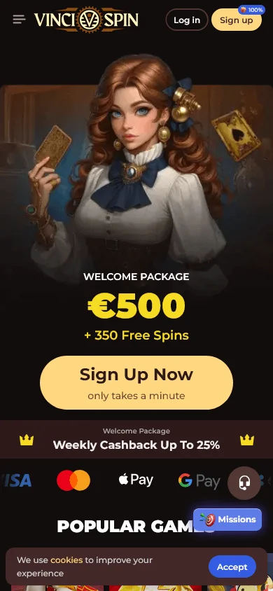 Vincispin Casino mobile home interface for playing on a phone