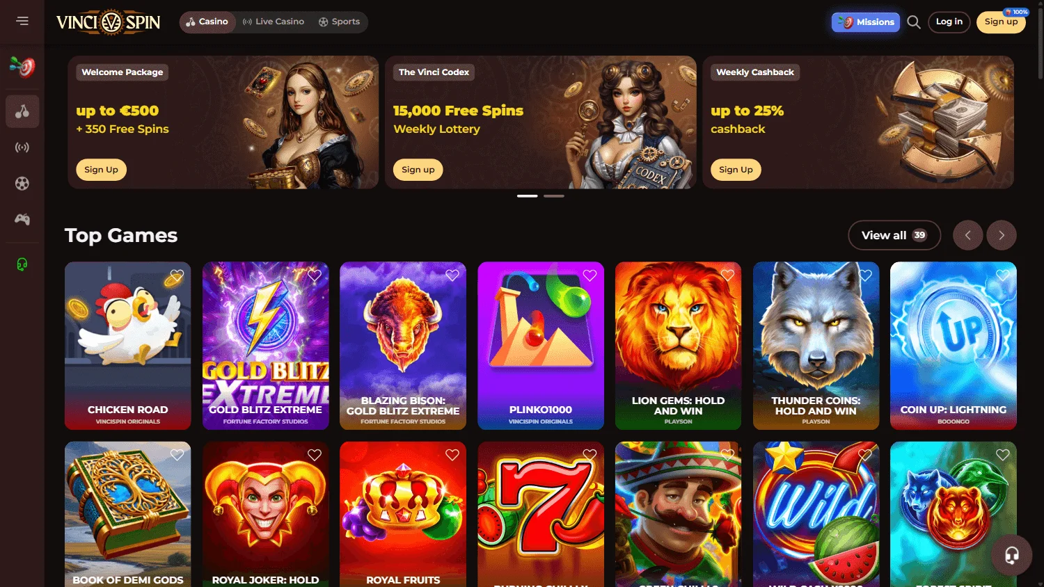 Vincispin Casino desktop promotions area with welcome and ongoing offers