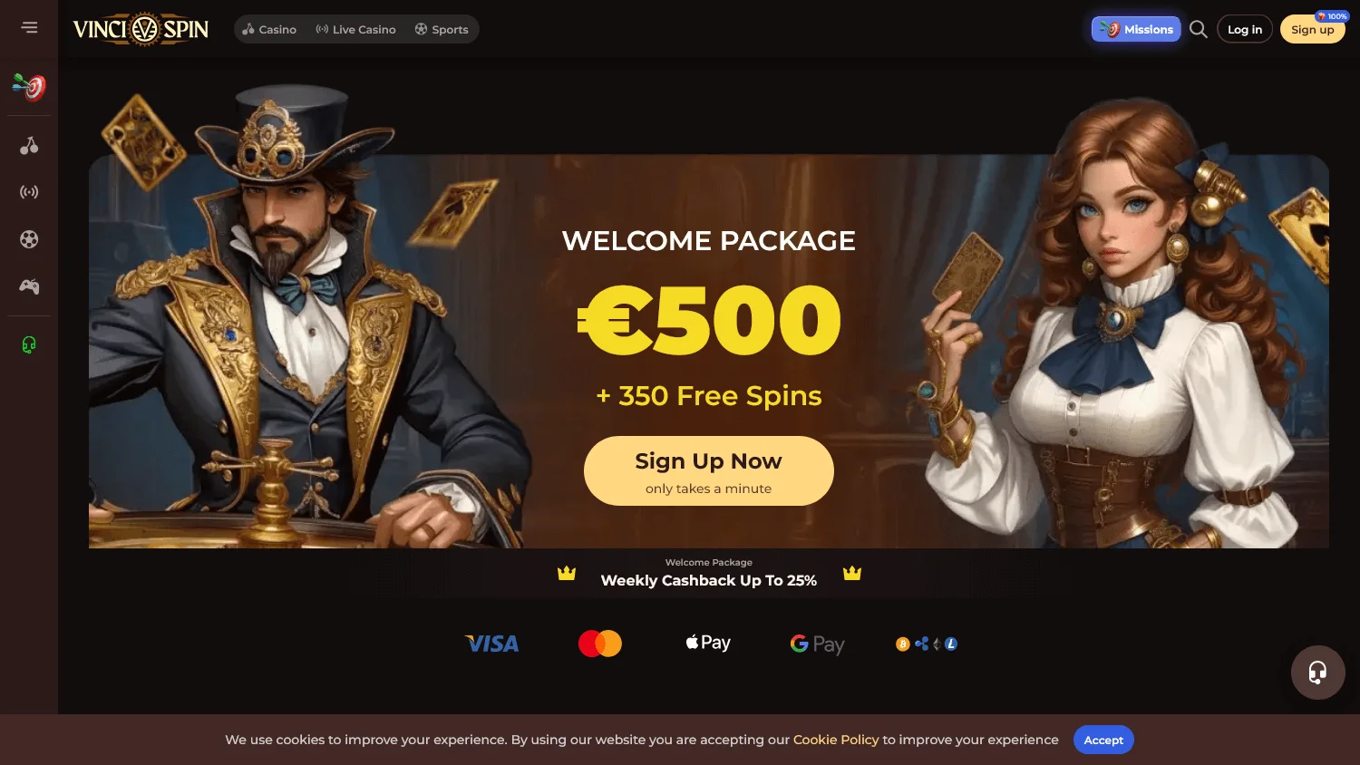 Vincispin Casino desktop home interface with casino and account options