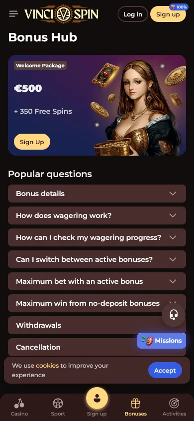 Vincispin Casino mobile promotions area with welcome and ongoing offers